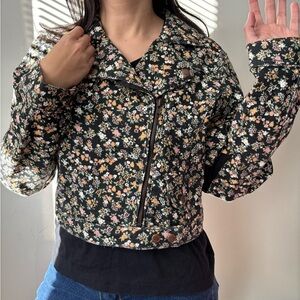 Y2K Fairycore Biker Floral Black Bomber Whimsical Indie Jacket - Size Small